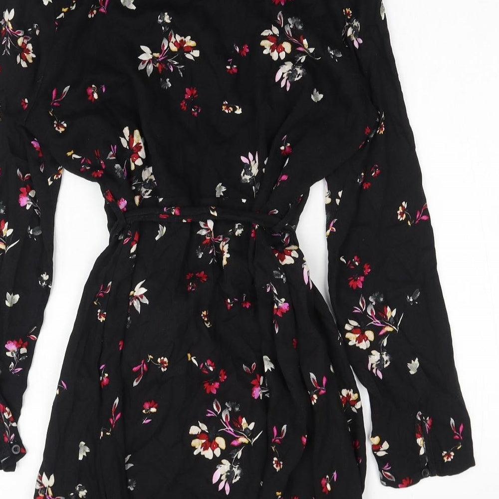 New Look Womens Black Floral Viscose Wrap Dress Size 16 V-Neck Tie