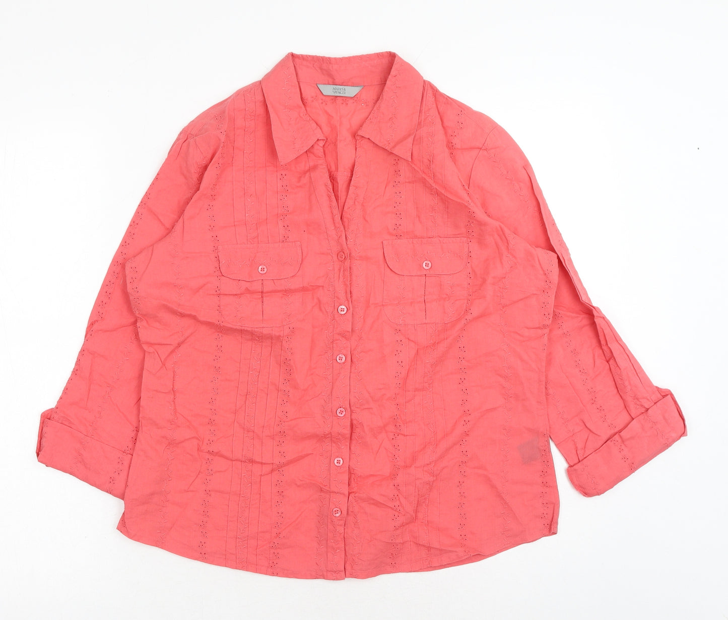 Marks and Spencer Womens Red Cotton Basic Button-Up Size 14 V-Neck