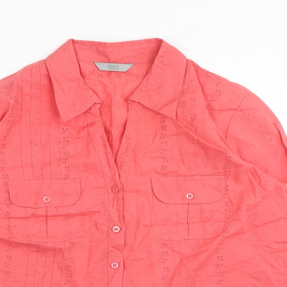 Marks and Spencer Womens Red Cotton Basic Button-Up Size 14 V-Neck