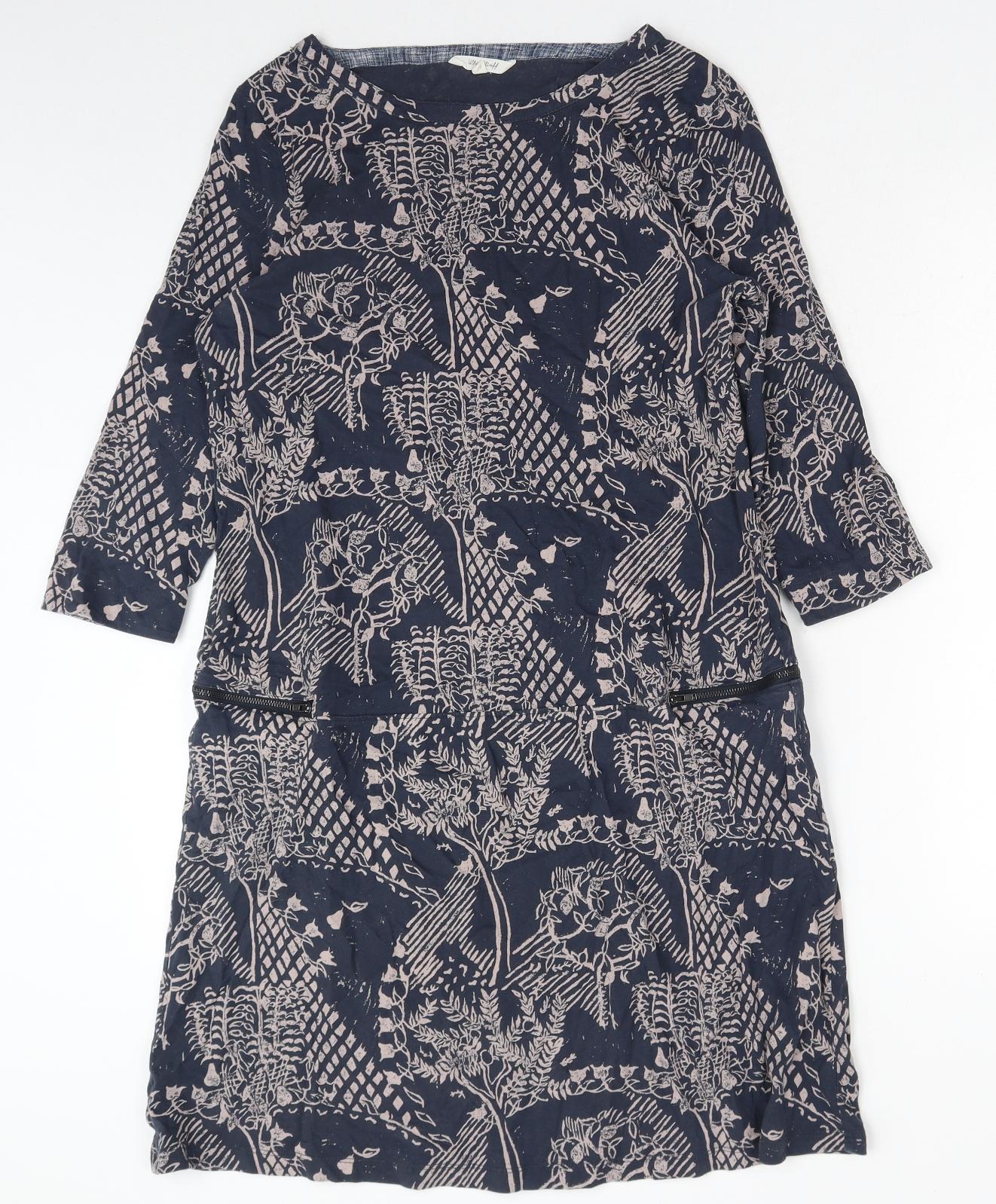 White Stuff Womens Blue Floral Cotton Shift Size 14 Boat Neck Pullover