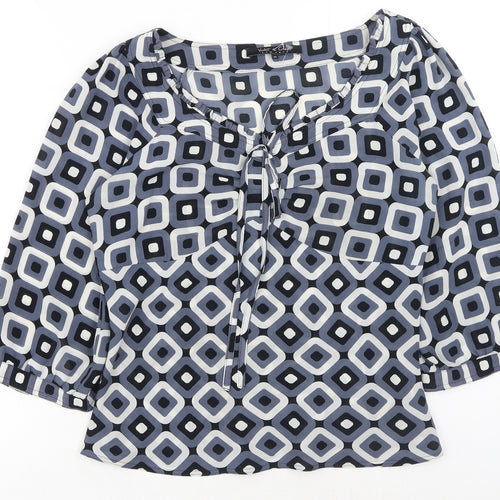 Violet & Claire Womens Blue Geometric Polyester Basic Blouse Size M V-Neck