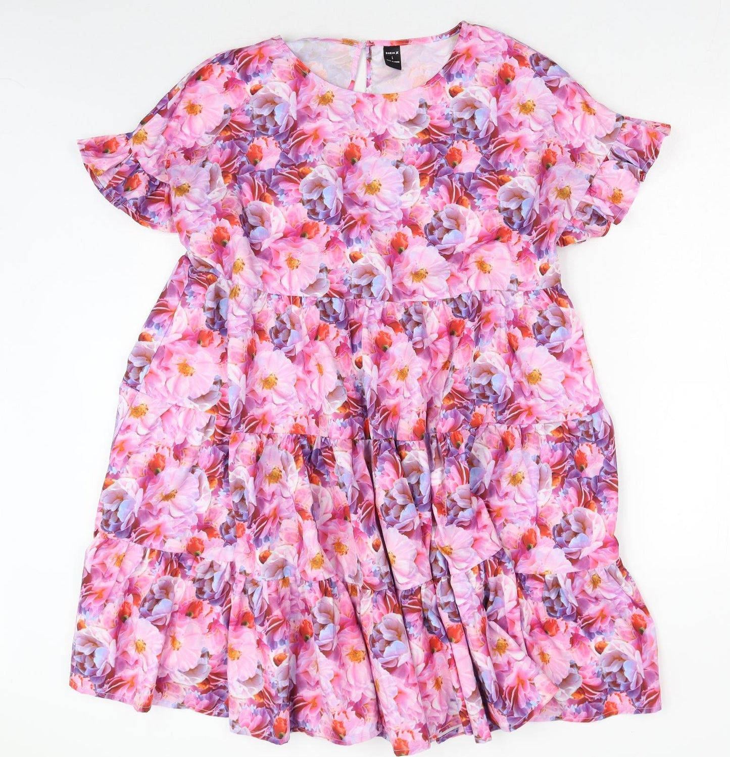 SheIn Womens Pink Floral Polyester T-Shirt Dress Size L Boat Neck Pullover