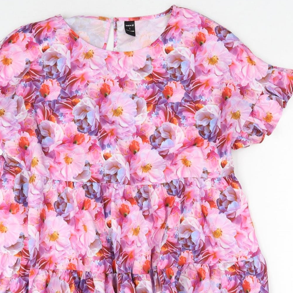 SheIn Womens Pink Floral Polyester T-Shirt Dress Size L Boat Neck Pullover
