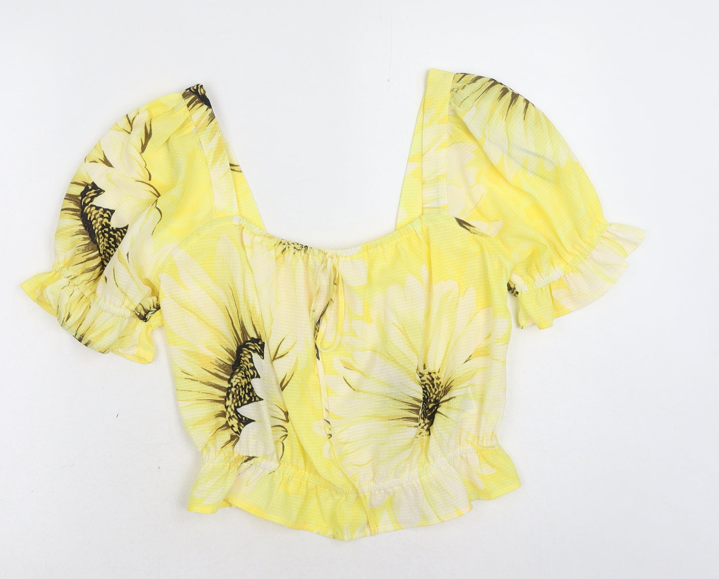 H&M Womens Yellow Floral Cotton Cropped Blouse Size M Square Neck