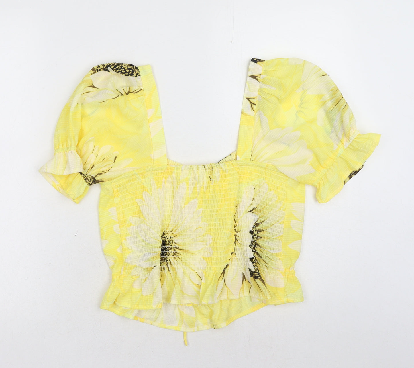 H&M Womens Yellow Floral Cotton Cropped Blouse Size M Square Neck