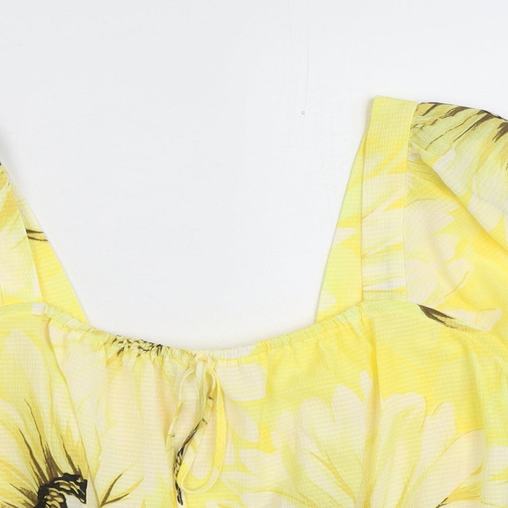 H&M Womens Yellow Floral Cotton Cropped Blouse Size M Square Neck