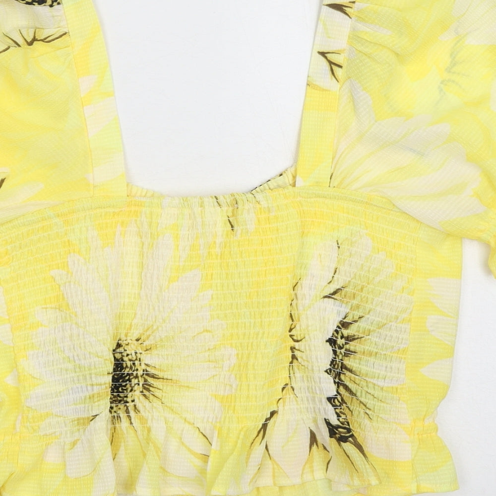 H&M Womens Yellow Floral Cotton Cropped Blouse Size M Square Neck