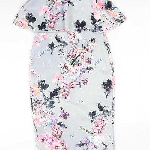 PRETTYLITTLETHING Womens Grey Floral Polyester Pencil Dress Size 10 Off the Shoulder Pullover