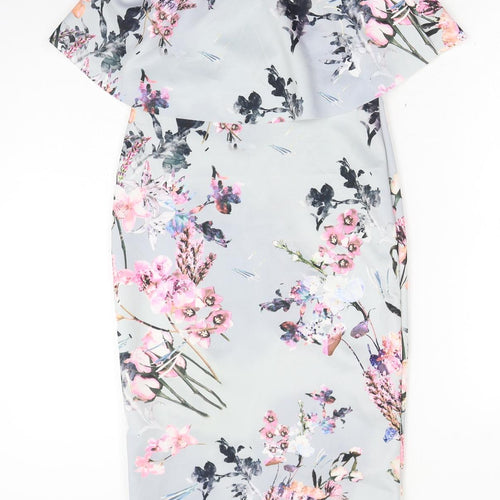 PRETTYLITTLETHING Womens Grey Floral Polyester Pencil Dress Size 10 Off the Shoulder Pullover