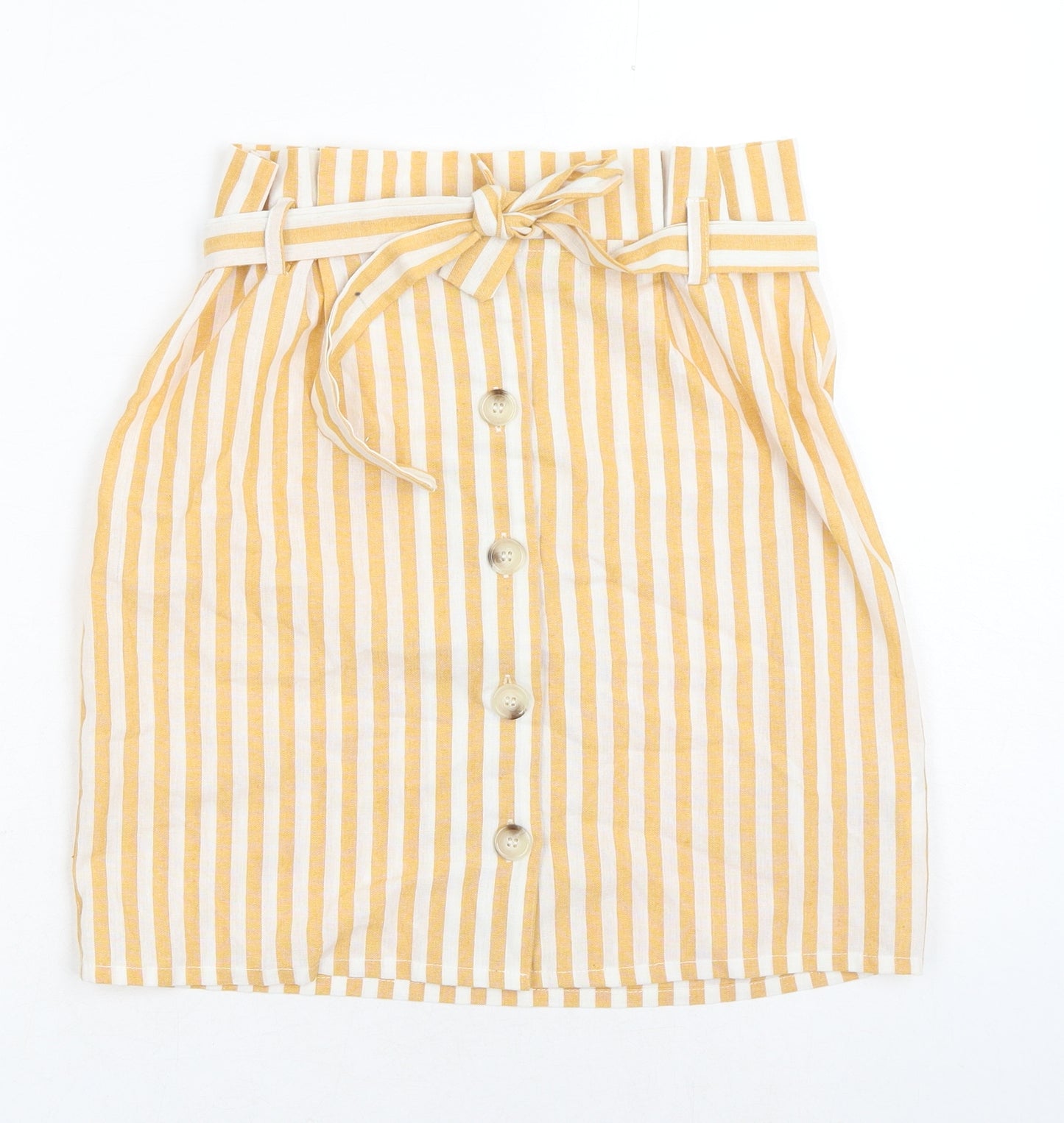 Boohoo Womens Yellow Striped Cotton A-Line Skirt Size 10 Button - Belted