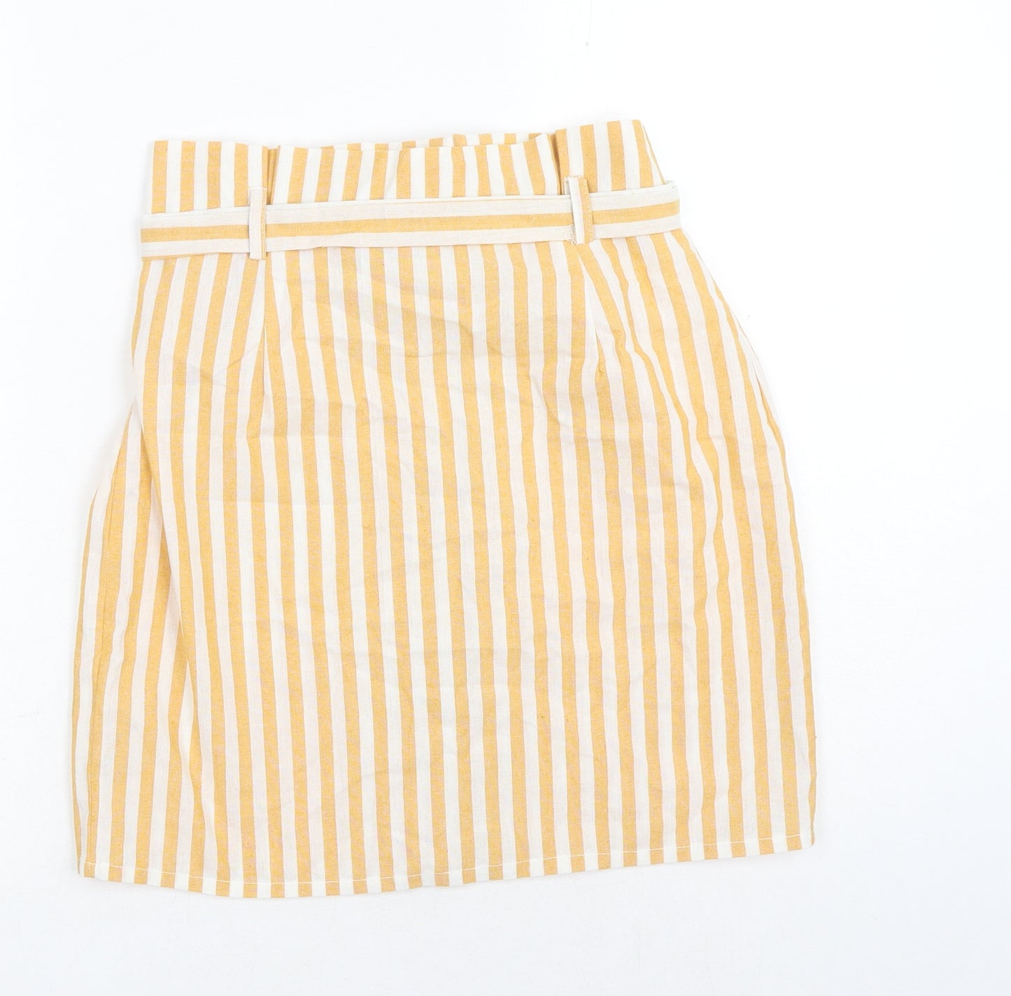 Boohoo Womens Yellow Striped Cotton A-Line Skirt Size 10 Button - Belted