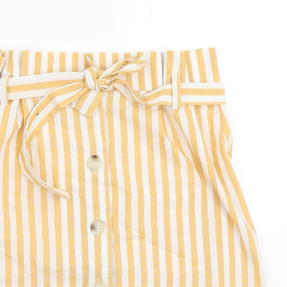 Boohoo Womens Yellow Striped Cotton A-Line Skirt Size 10 Button - Belted