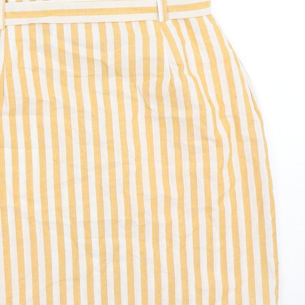 Boohoo Womens Yellow Striped Cotton A-Line Skirt Size 10 Button - Belted