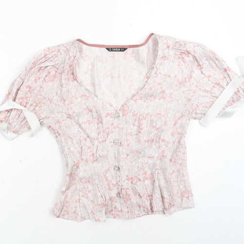 SheIn Womens Pink Floral Polyester Basic Blouse Size XS V-Neck