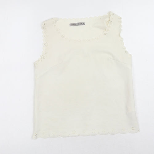 Primark Womens White Polyester Basic Tank Size 10 Round Neck - Anglaise detail on waistline, sleeve and neckline