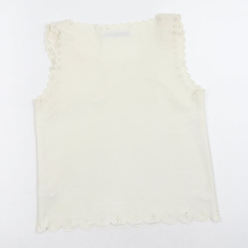 Primark Womens White Polyester Basic Tank Size 10 Round Neck - Anglaise detail on waistline, sleeve and neckline
