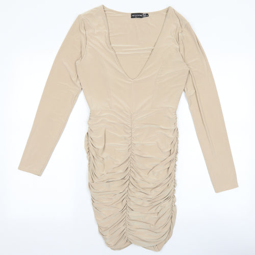 PRETTYLITTLETHING Womens Beige Polyester Bodycon Size 10 V-Neck Pullover