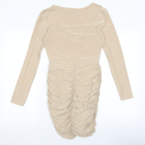 PRETTYLITTLETHING Womens Beige Polyester Bodycon Size 10 V-Neck Pullover
