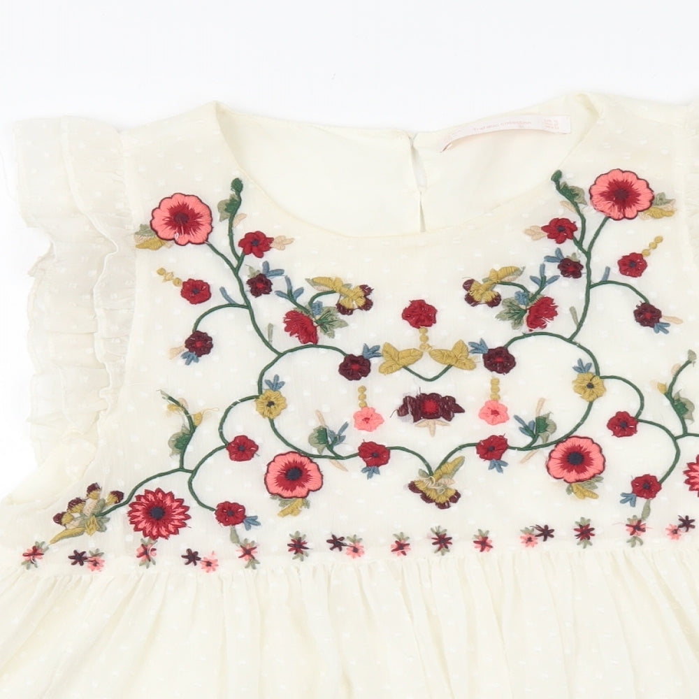Zara Womens White Polyester Basic Blouse Size M Round Neck - Flower Detail