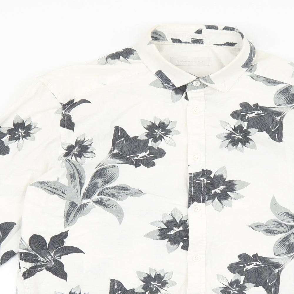 NEXT Mens White Floral Cotton Button-Up Size M Collared Button