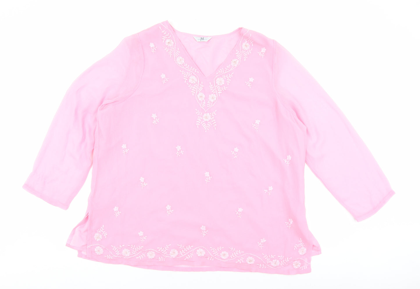 Joanna Hope Womens Pink Floral Polyester Basic Blouse Size 24 V-Neck