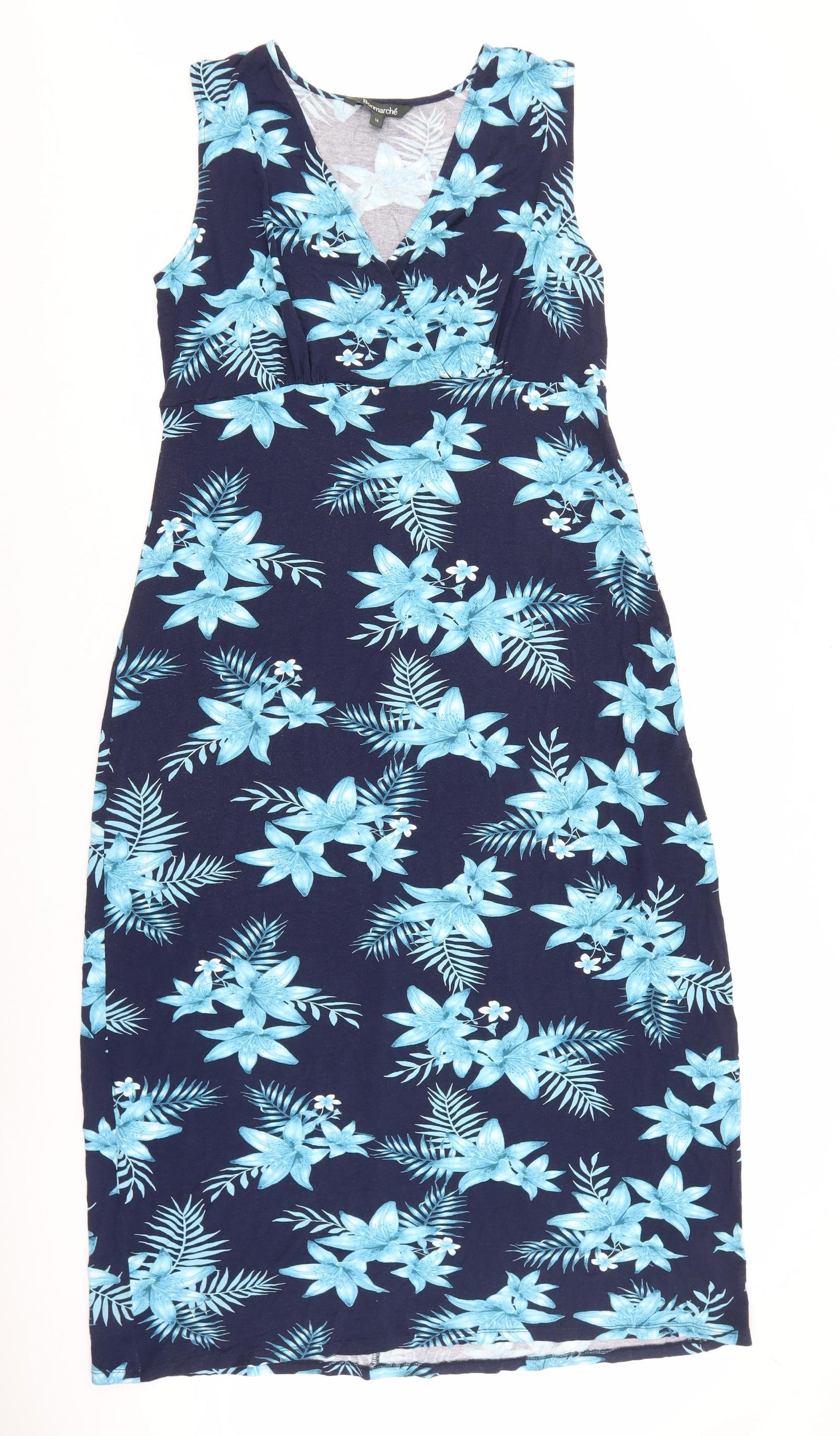 Bonmarché Womens Blue Floral Viscose A-Line Size 16 V-Neck Pullover