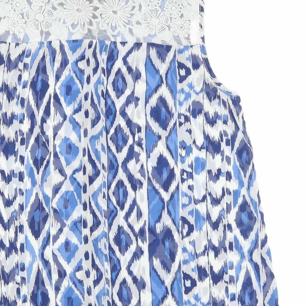 Kylie Girls Blue Geometric Polyester Basic Tank Size 13 Years V-Neck Button - Lace Detail