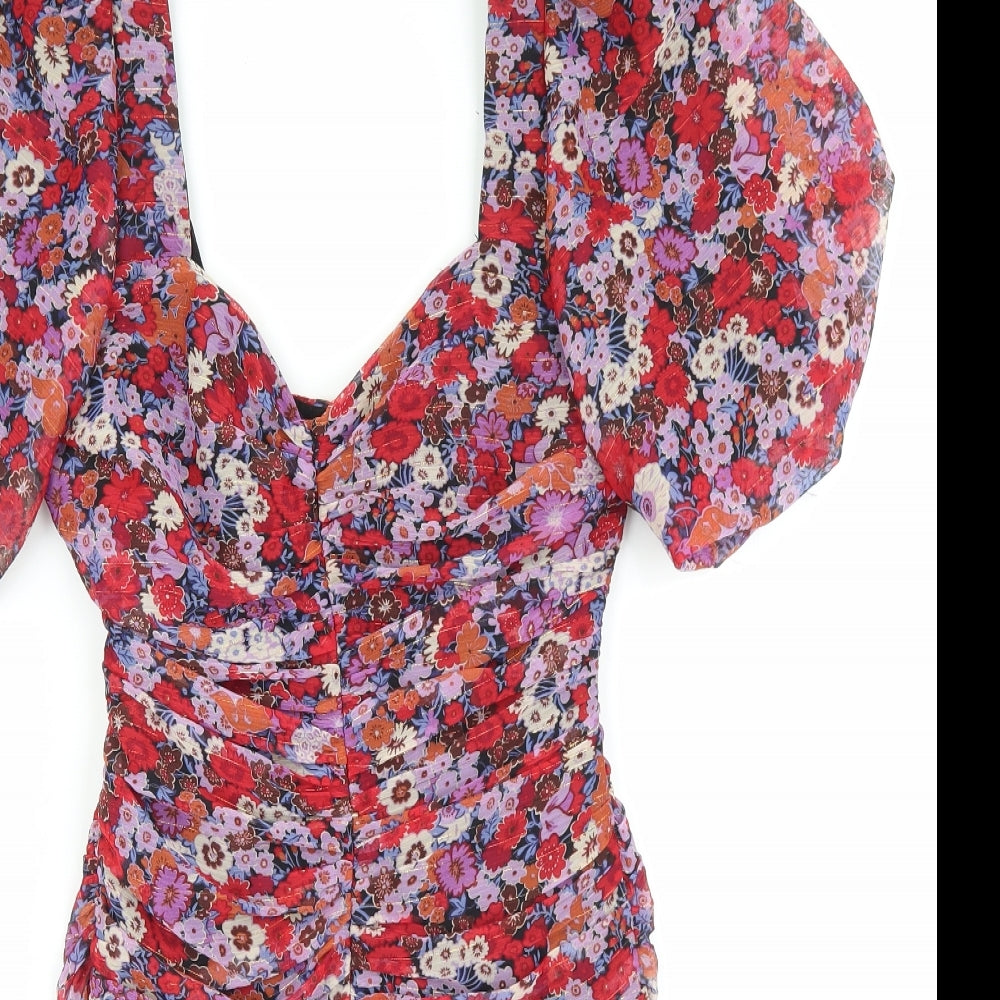 Zara Womens Red Floral Polyester Bodycon Size XS Sweetheart Zip