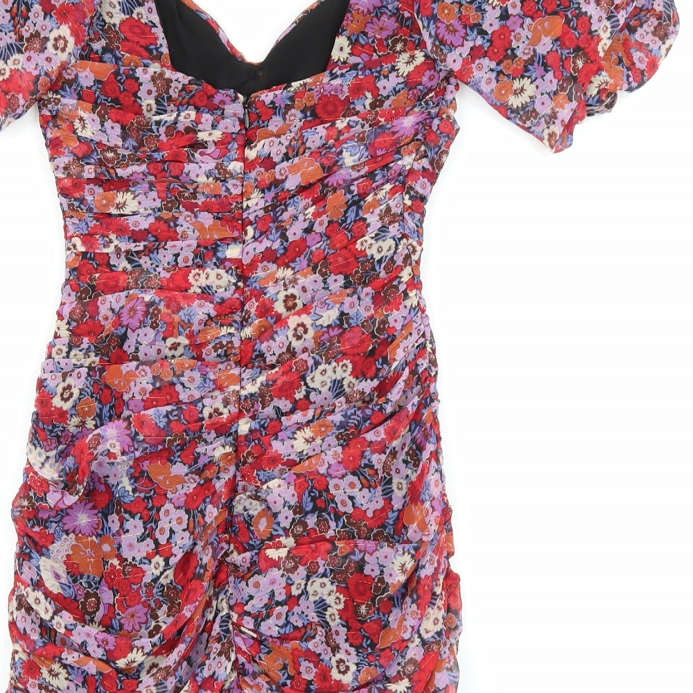 Zara Womens Red Floral Polyester Bodycon Size XS Sweetheart Zip