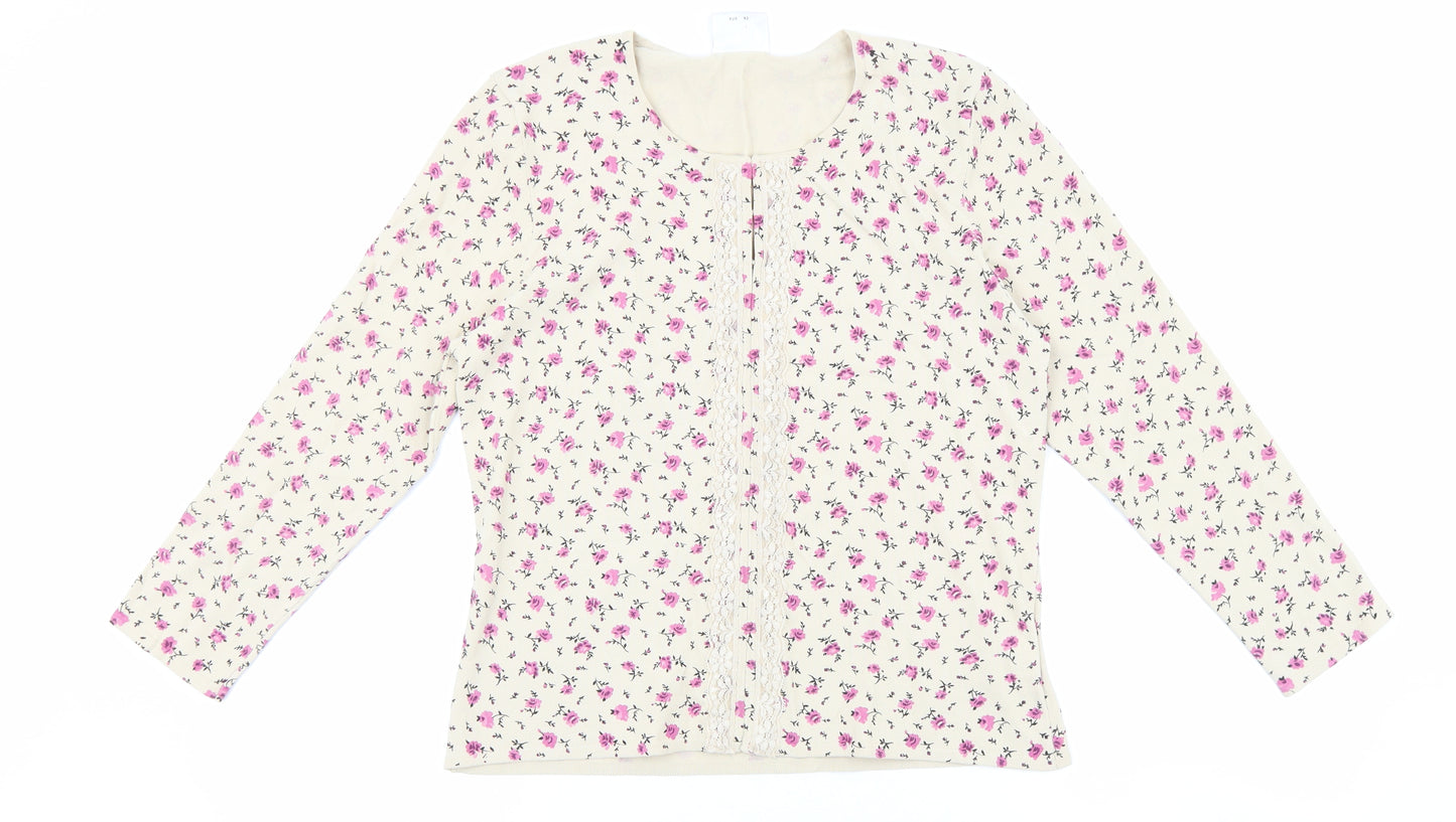 NEXT Womens Beige Floral Viscose Basic T-Shirt Size 14 Round Neck - Lace Detailing