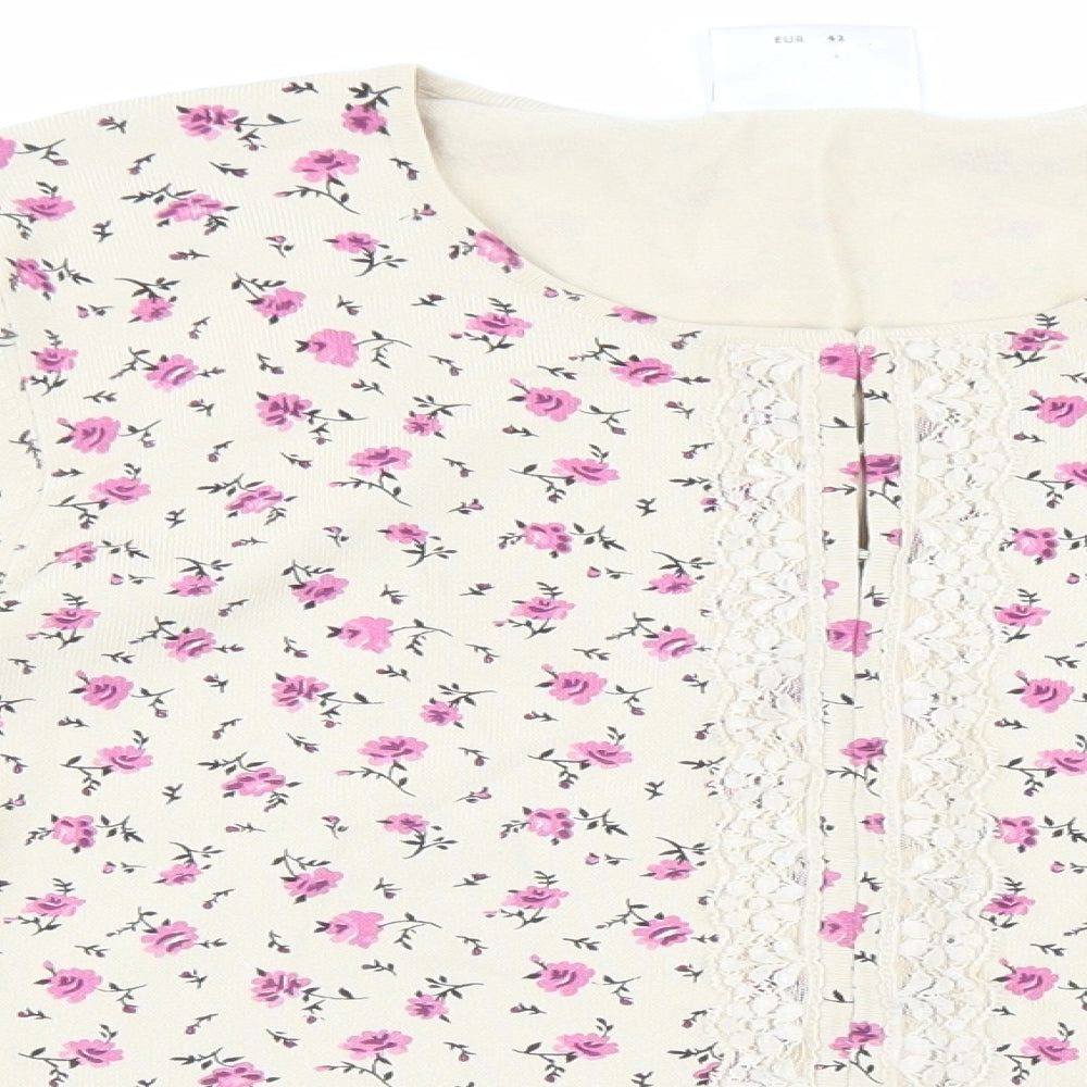 NEXT Womens Beige Floral Viscose Basic T-Shirt Size 14 Round Neck - Lace Detailing