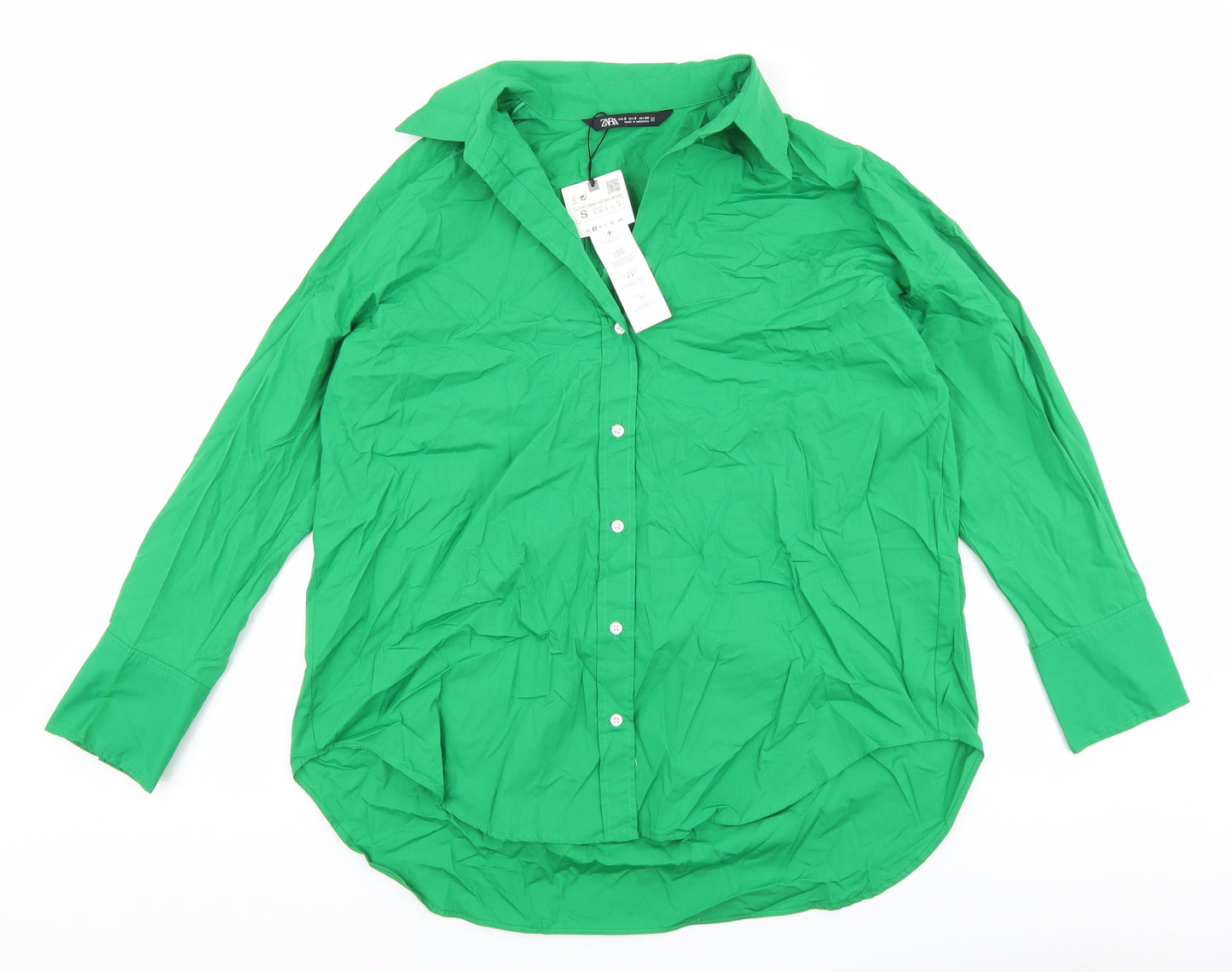 Zara Womens Green 100% Cotton Basic Button-Up Size S Collared