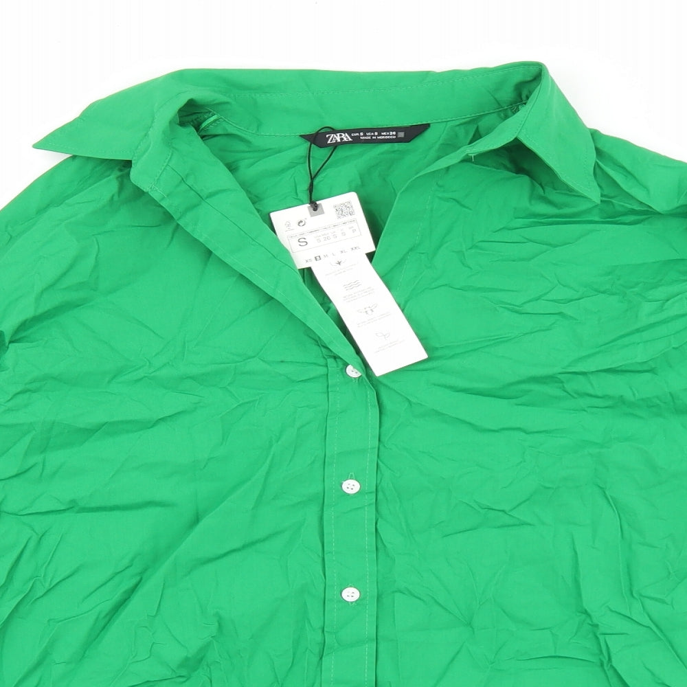 Zara Womens Green 100% Cotton Basic Button-Up Size S Collared