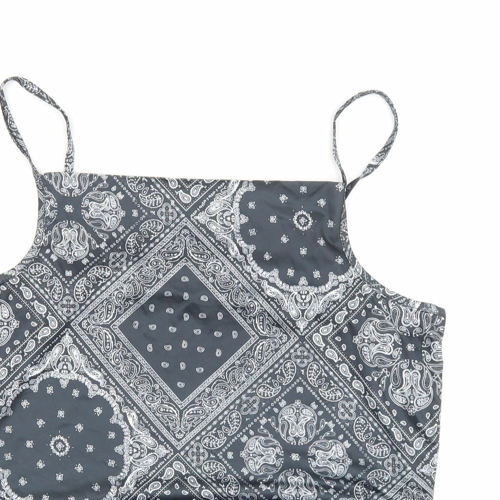 Lovito Womens Black Geometric Polyester Cropped Tank Size XL Square Neck