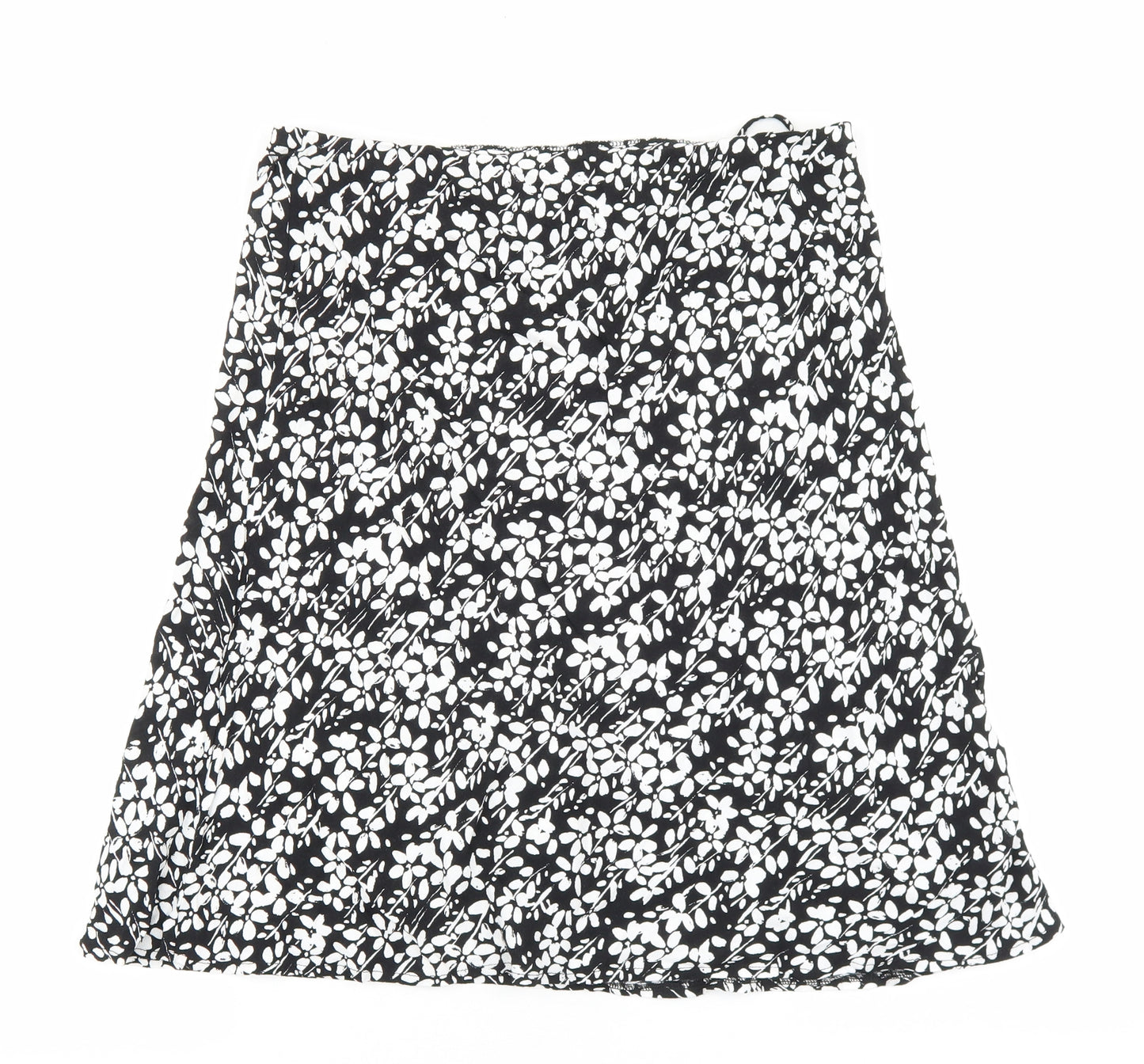 Marks and Spencer Womens Black Floral Polyester A-Line Skirt Size 14 Tie