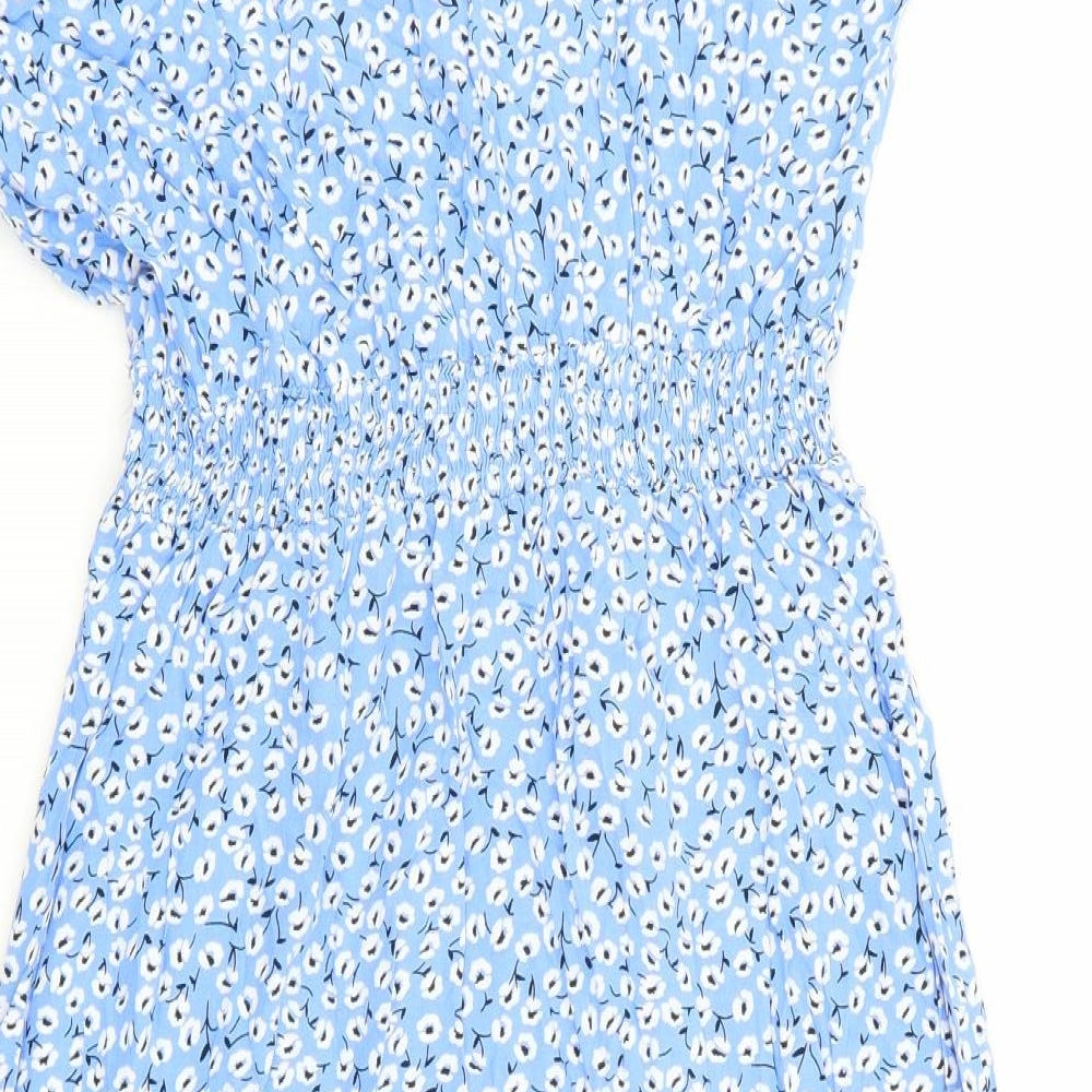 SheIn Womens Blue Floral Viscose Shirt Dress Size L Collared Button
