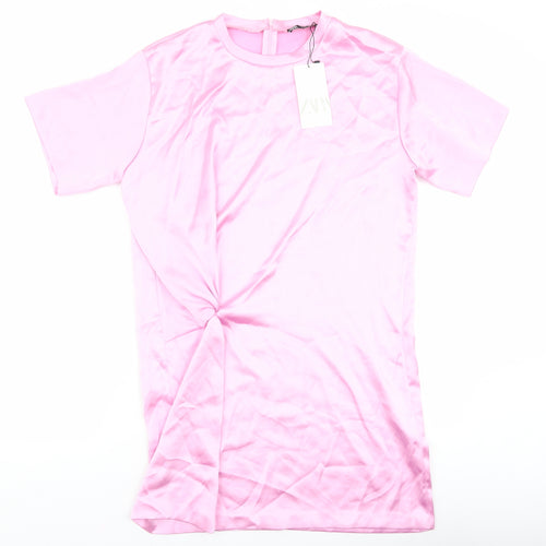 Zara Womens Pink Polyester T-Shirt Dress Size L Crew Neck Pullover - Twist Detail