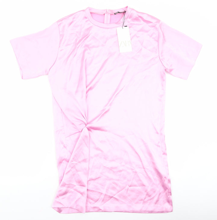 Zara Womens Pink Polyester T-Shirt Dress Size L Crew Neck Pullover - Twist Detail
