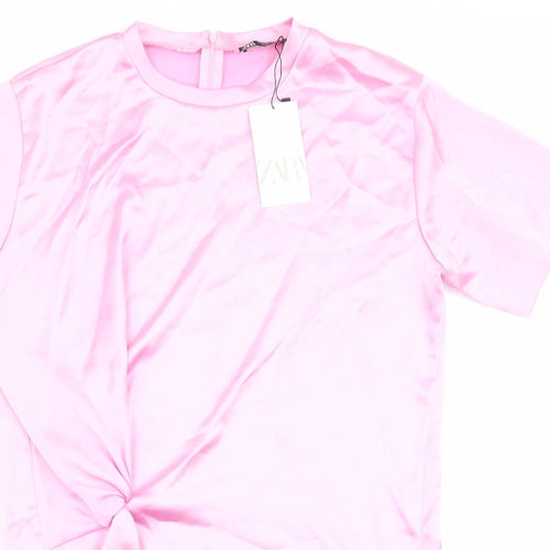 Zara Womens Pink Polyester T-Shirt Dress Size L Crew Neck Pullover - Twist Detail