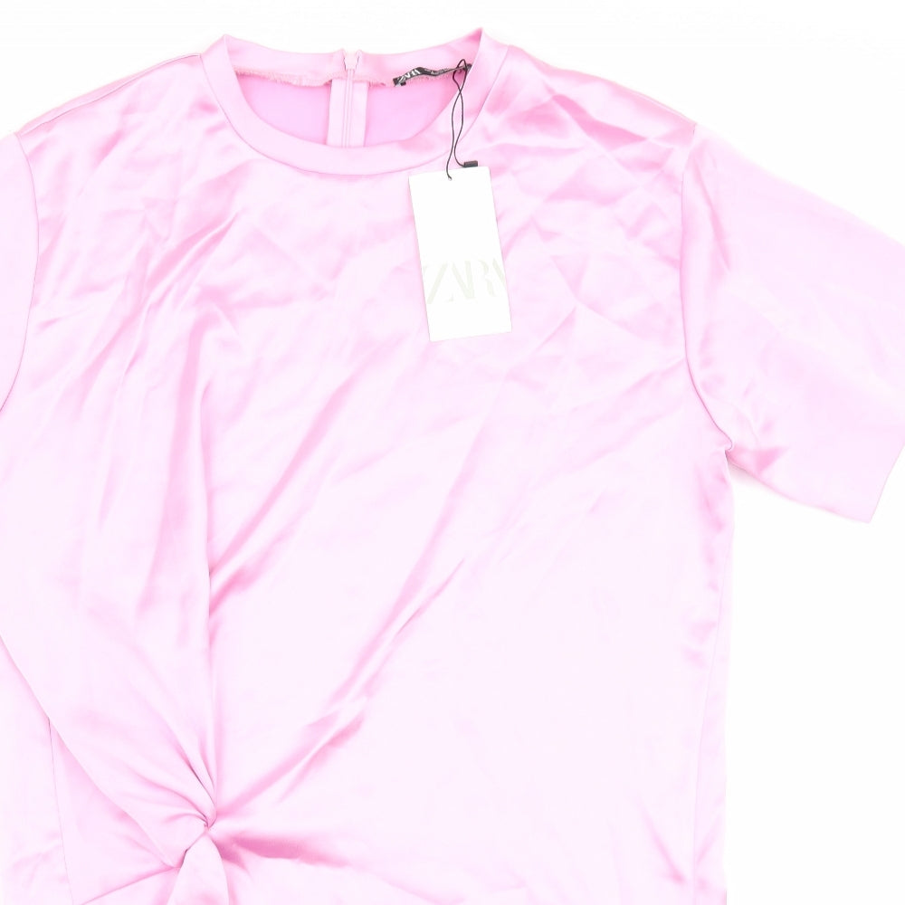 Zara Womens Pink Polyester T-Shirt Dress Size L Crew Neck Pullover - Twist Detail