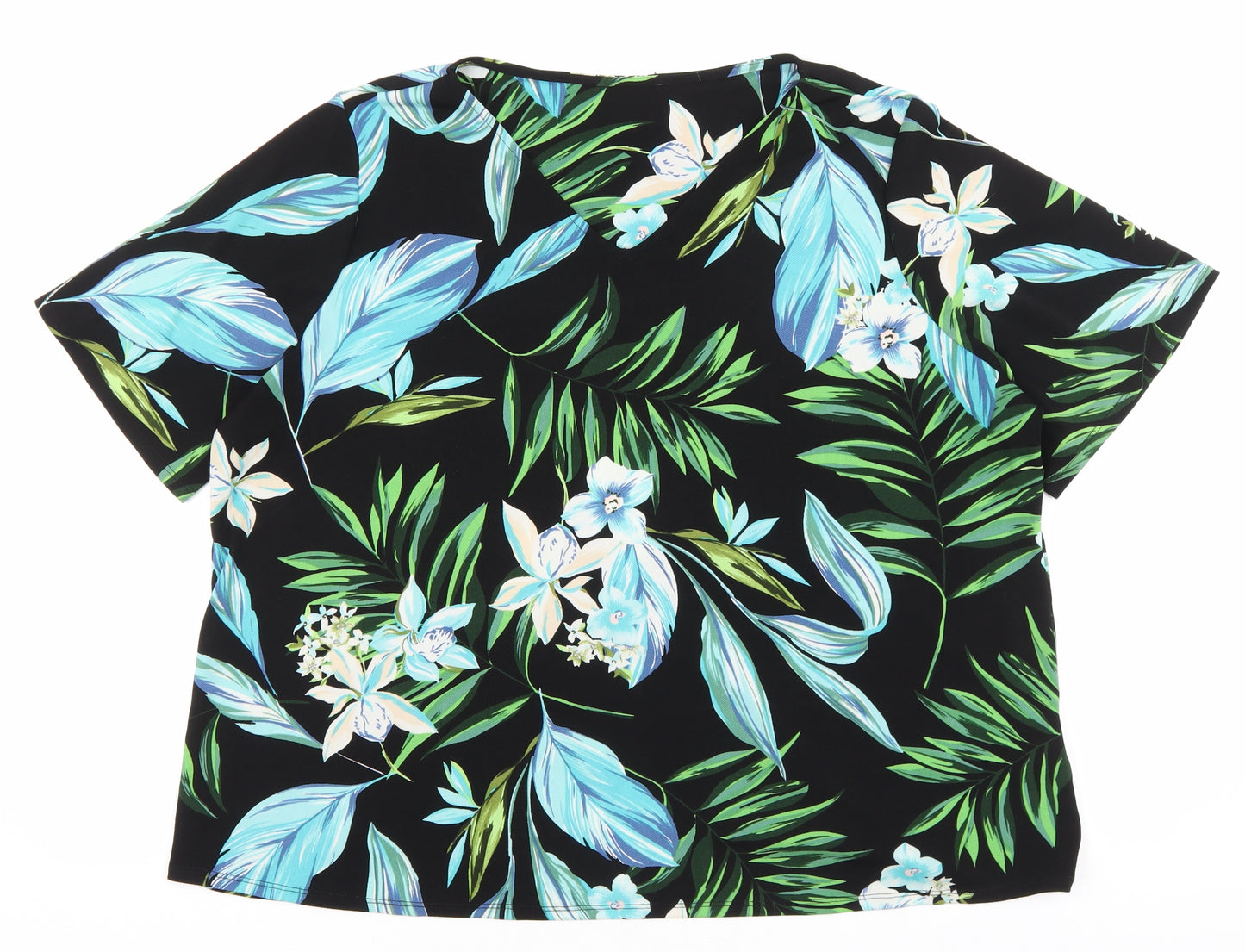 Marks and Spencer Womens Black Geometric Polyester Basic T-Shirt Size 18 V-Neck - Tropical Print