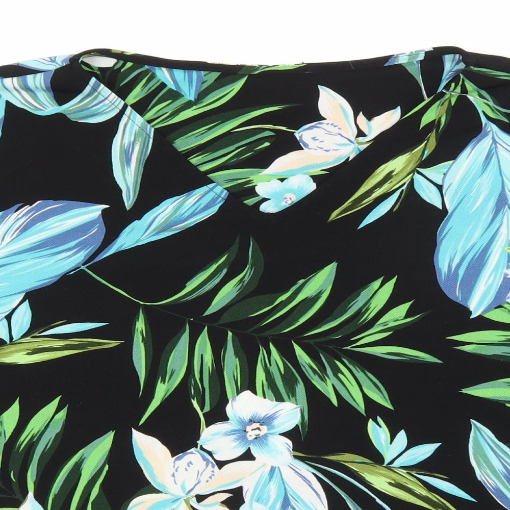 Marks and Spencer Womens Black Geometric Polyester Basic T-Shirt Size 18 V-Neck - Tropical Print