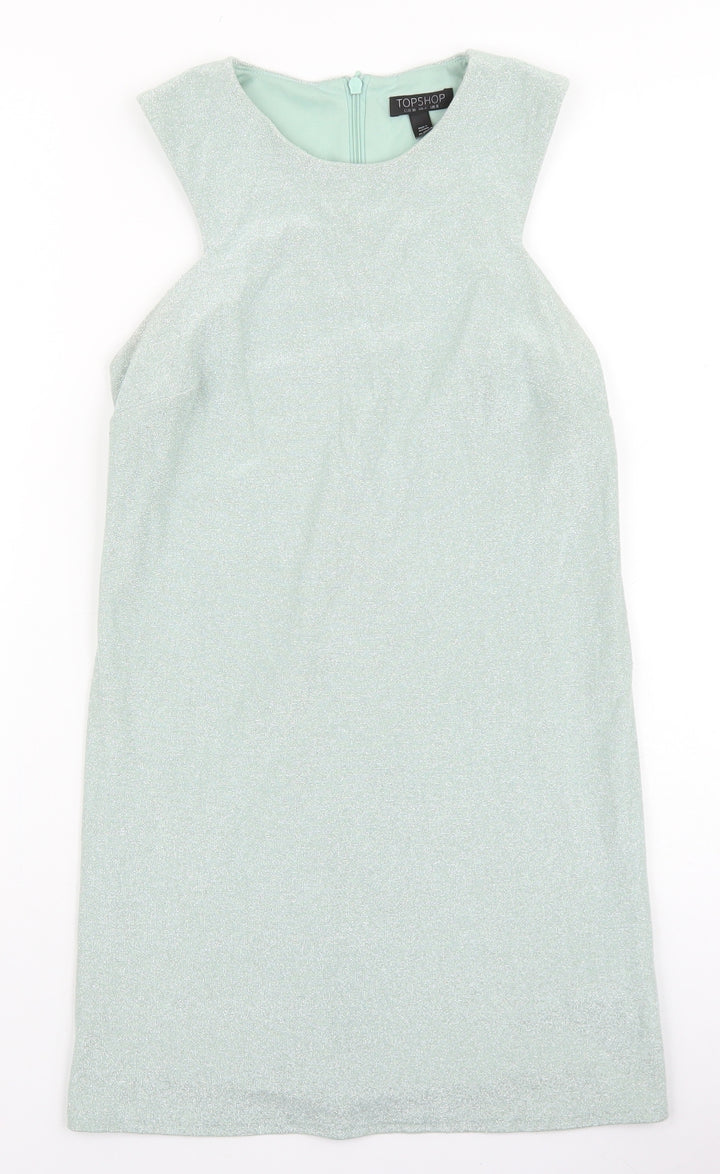 Topshop Womens Green Polyester Shift Size 8 Round Neck Zip