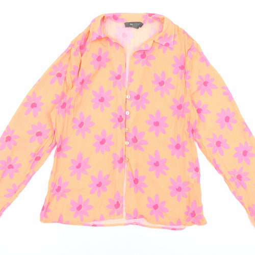 Primark Womens Orange Floral Polyester Basic Button-Up Size 8 V-Neck