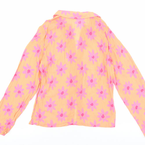 Primark Womens Orange Floral Polyester Basic Button-Up Size 8 V-Neck
