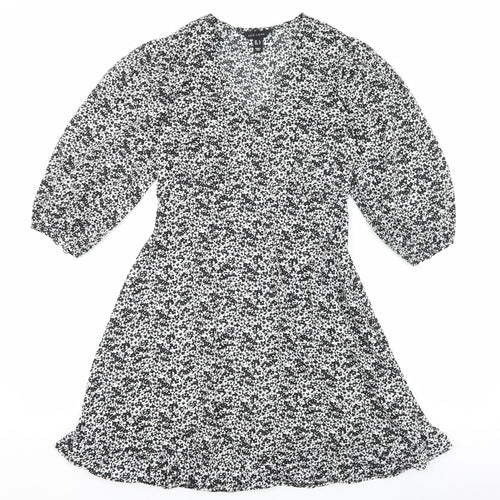 New Look Womens Black Floral Polyester Skater Dress Size 8 V-Neck Zip