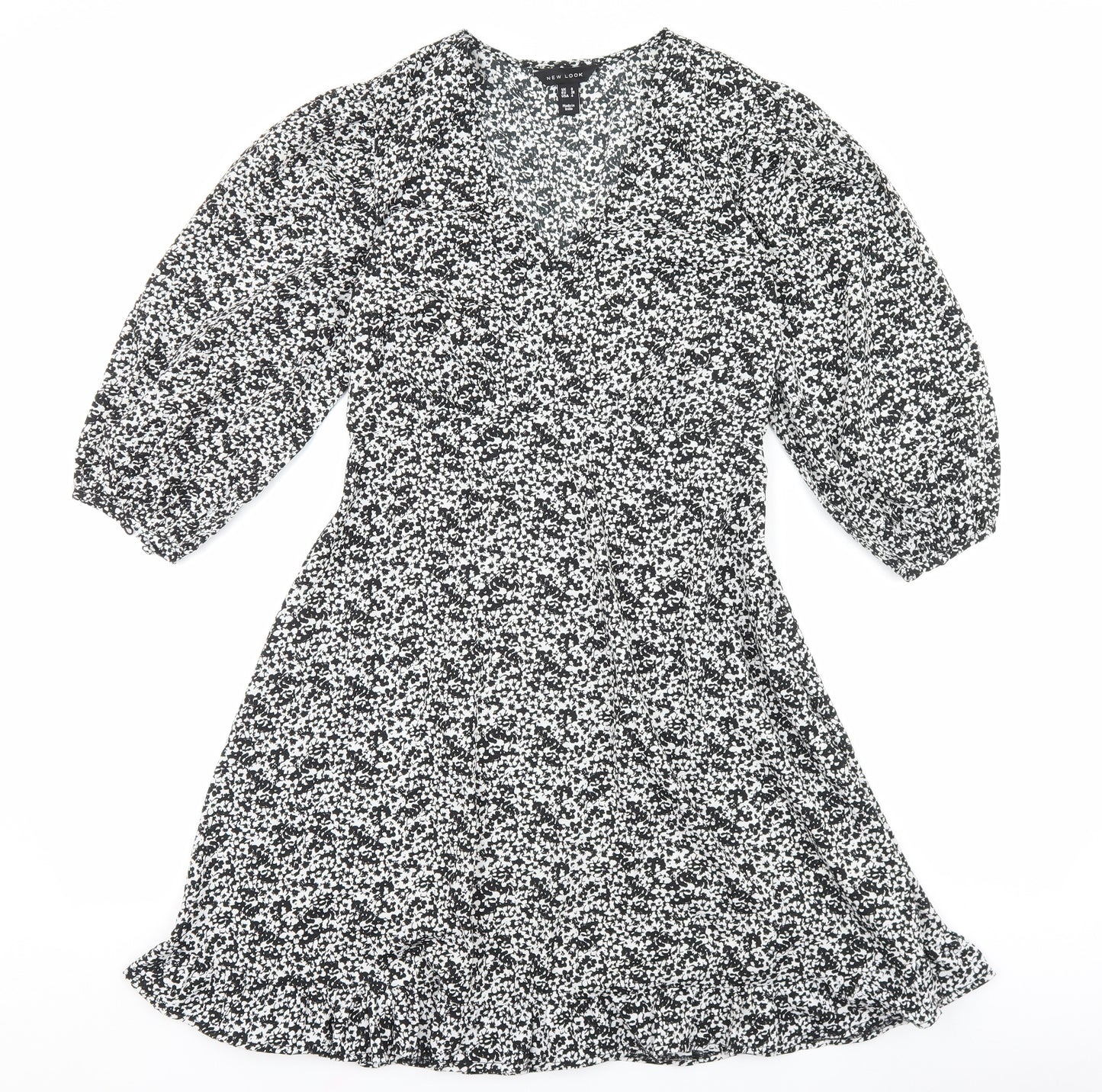 New Look Womens Black Floral Polyester Skater Dress Size 8 V-Neck Zip