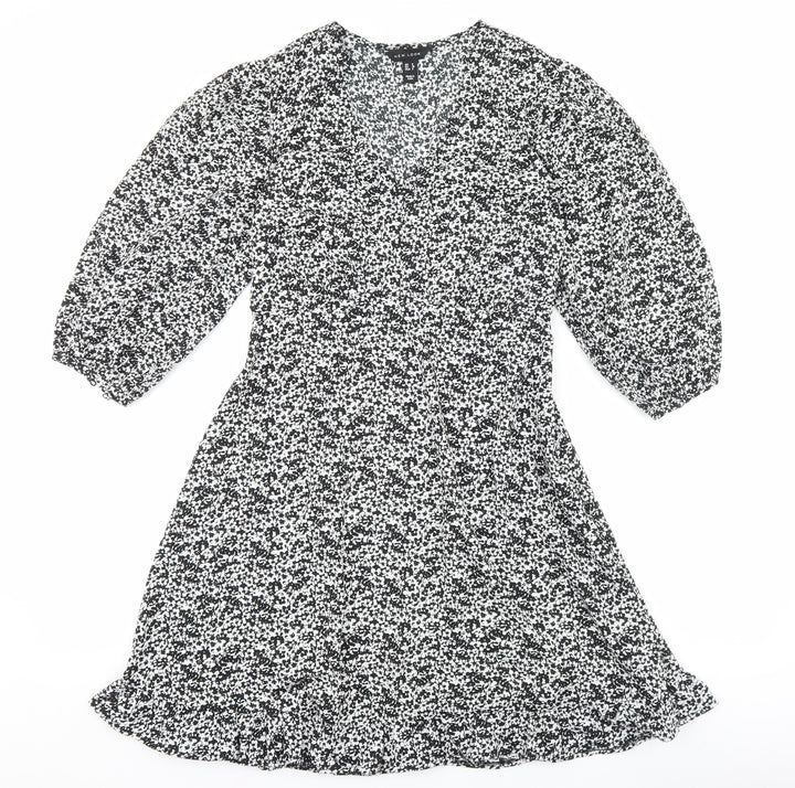 New Look Womens Black Floral Polyester Skater Dress Size 8 V-Neck Zip