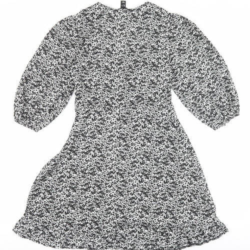 New Look Womens Black Floral Polyester Skater Dress Size 8 V-Neck Zip