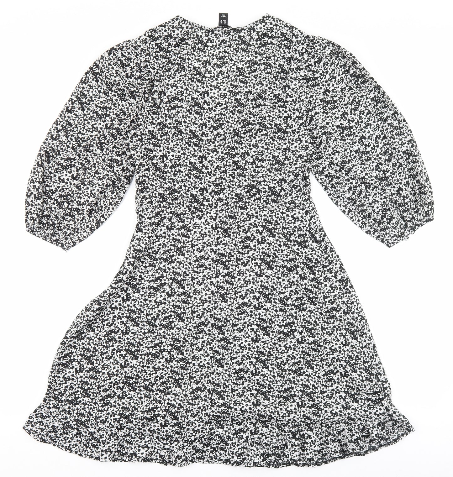 New Look Womens Black Floral Polyester Skater Dress Size 8 V-Neck Zip